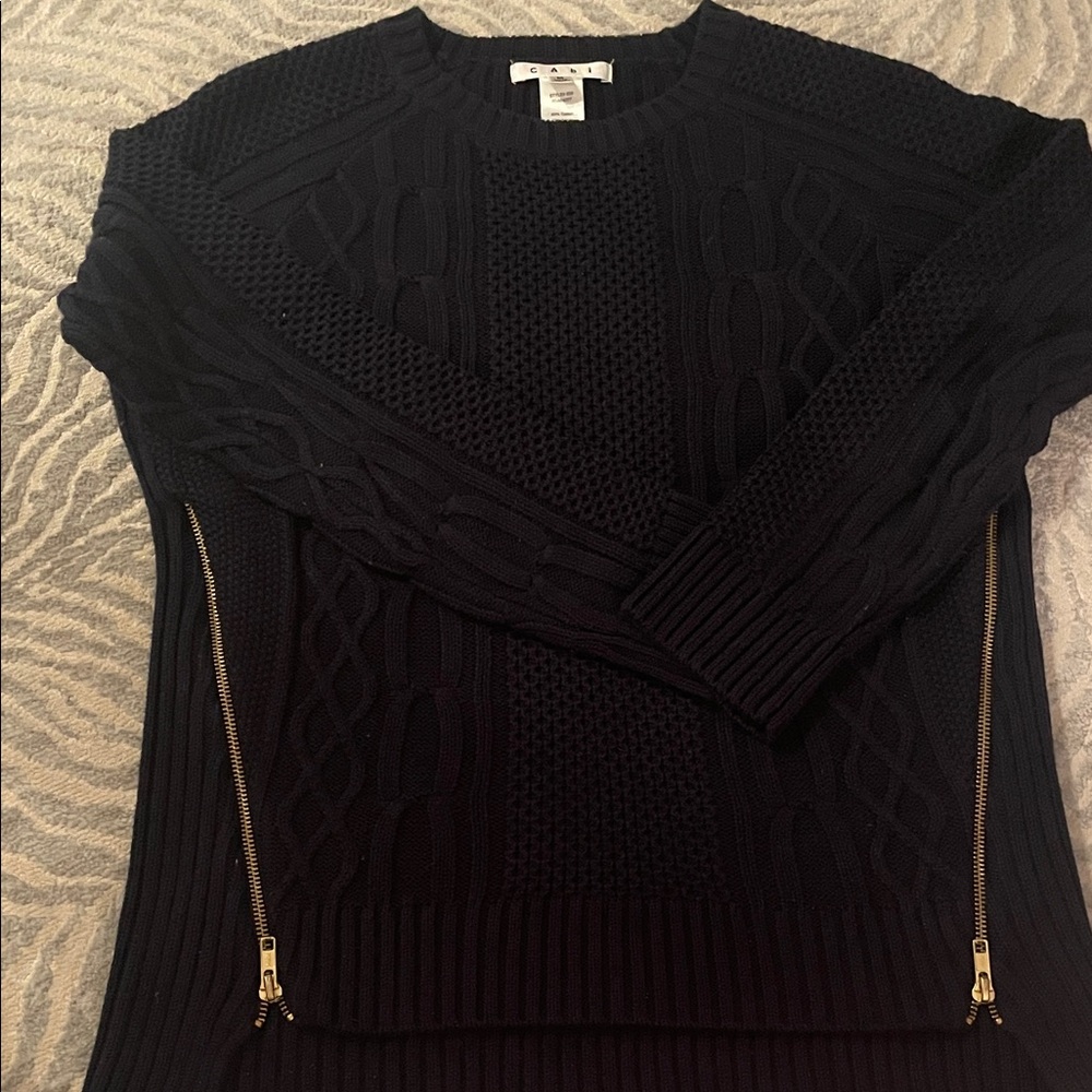 Navy Cable Knit Sweater with Zipper Accents